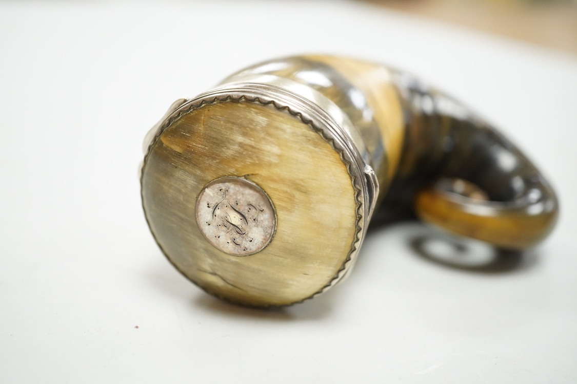 A 19th century Scottish white metal mounted horn snuff mull, engraved 'John Turnbull' 85mm, (a.f.).